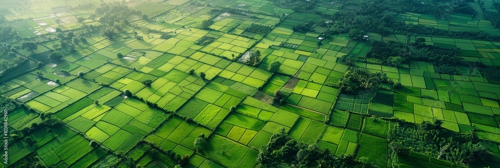 Aerial perspective of a lush agricultural landscape with vibrant green crops in golden light Aerial perspective of a lush agricultural landscape with vibrant green crops in golden light