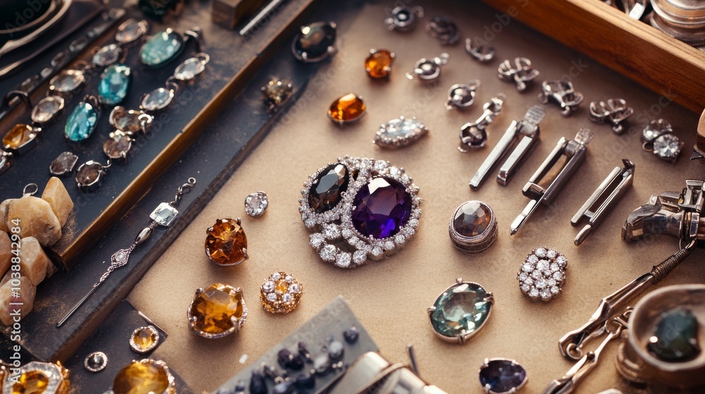 An intricate jewelry workshop with gemstones and metalworking tools, Jeweler’s instruments arranged in a studio of creative refinement, Artisanal jewelry crafting style
