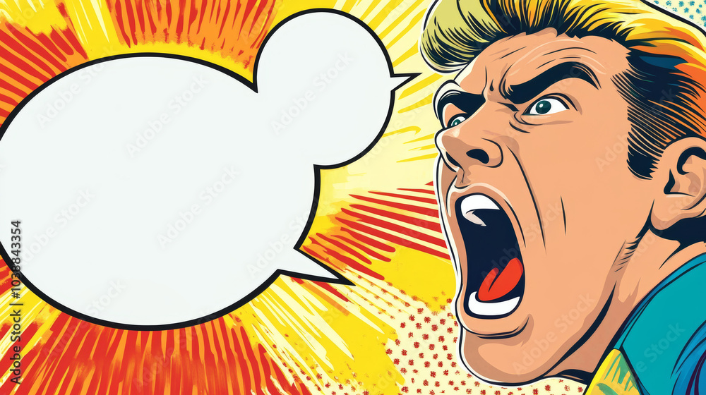 Fototapeta premium A comic-style illustration of an angry man shouting, with an empty speech bubble and explosive yellow and red background, conveying intense emotion.