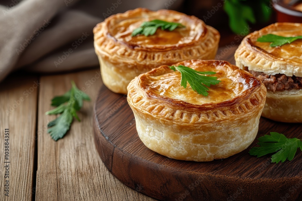 Closeup of a rustic mini meat pie on a wooden board with space for text Tasty dish Closeup of a rustic mini meat pie on a wooden board with space for text Tasty dish