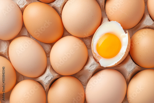 Fresh eggs in a carton with one cracked open revealing a bright yellow yolk