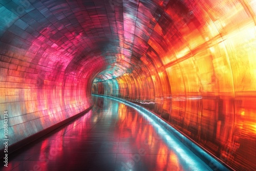 Vibrant illuminated tunnel with swirling colors and reflections at night