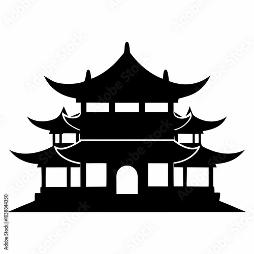 Chinese House Black Silhouette – Pagoda Style National Building Vector Drawing