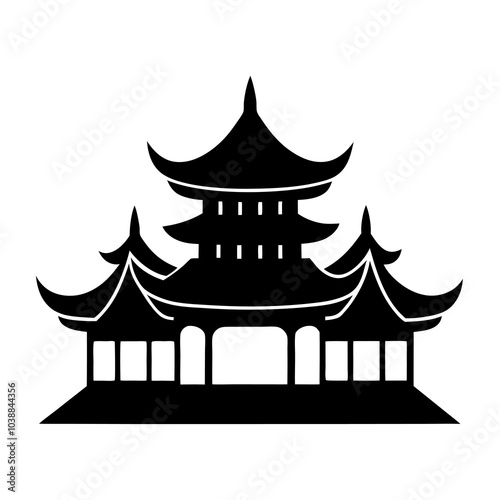 Chinese House Black Silhouette – Pagoda Style National Building Vector Drawing