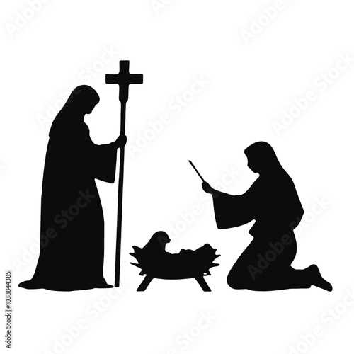 A silhouette of a nativity scene depicting the Virgin Mary, baby Jesus in a manger, 