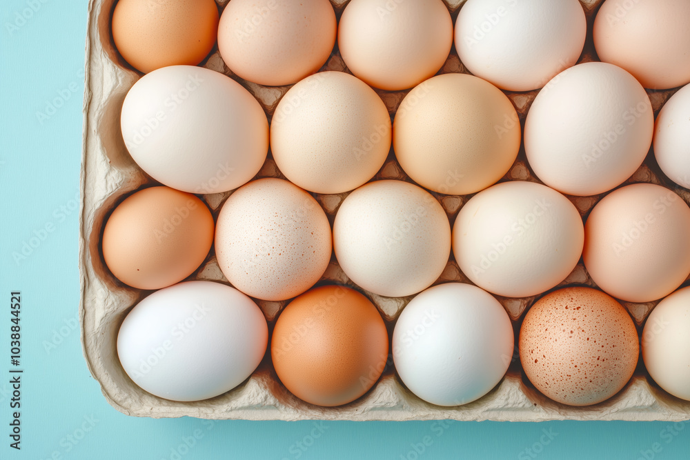 Fresh assortment of eggs in a carton on a light blue background ready for cooking or baking Fresh assortment of eggs in a carton on a light blue background ready for cooking or baking