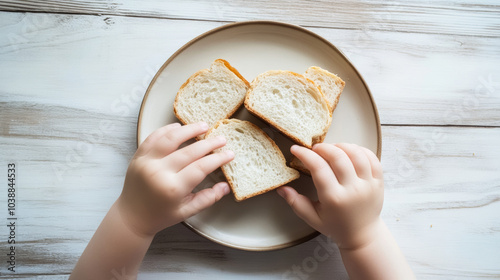 A child's hands grasp slices of fresh bread on a plate, symbolizing simple meals, childhood, and basic food choices in daily life.
