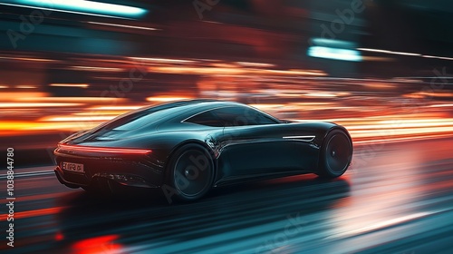 A sleek modern car speeds through a blurred landscape