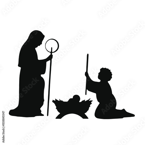 A silhouette of a nativity scene depicting the Virgin Mary, baby Jesus in a manger, 