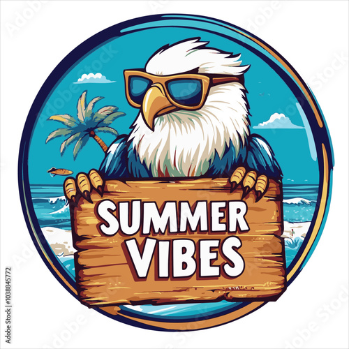 A cartoon eagle wearing sunglasses, holding a sign that says "Summer Vibes" on a beach background.