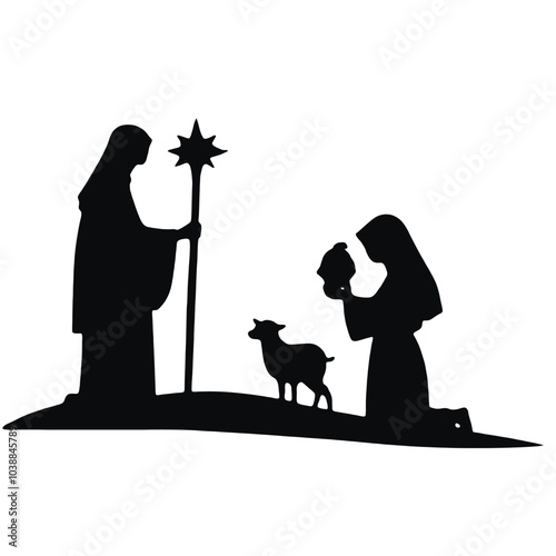 A silhouette of a nativity scene depicting the Virgin Mary, baby Jesus in a manger, 