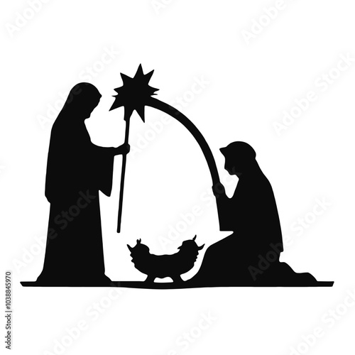 A silhouette of a nativity scene depicting the Virgin Mary, baby Jesus in a manger, 