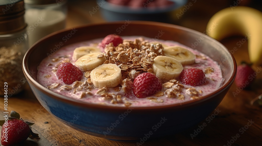 Colorful breakfast bowl with yogurt, granola, bananas, and raspberries on a wooden table