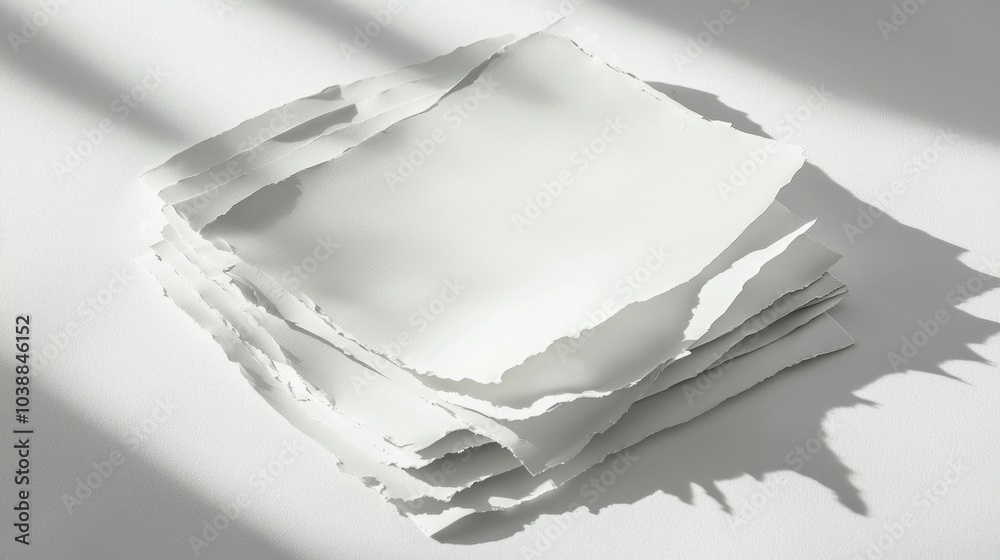 composition features a stack of torn papers with uneven edges gently casting soft shadows on a light surface ideal for artistic and creative presentations. composition features a stack of torn papers with uneven edges gently casting soft shadows on a light surface ideal for artistic and creative presentations.