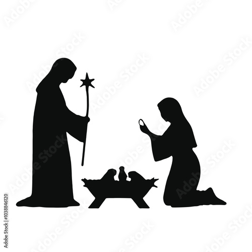 A silhouette of a nativity scene depicting the Virgin Mary, baby Jesus in a manger, 