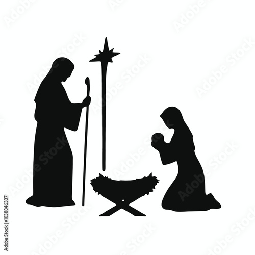 A silhouette of a nativity scene depicting the Virgin Mary, baby Jesus in a manger, 