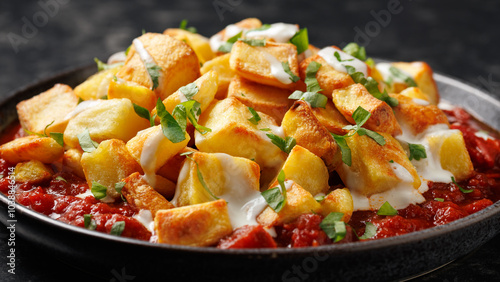 Tableau sur toile Patatas bravas, spanish deep fried potatoes with spicy sauce and garlic aioli