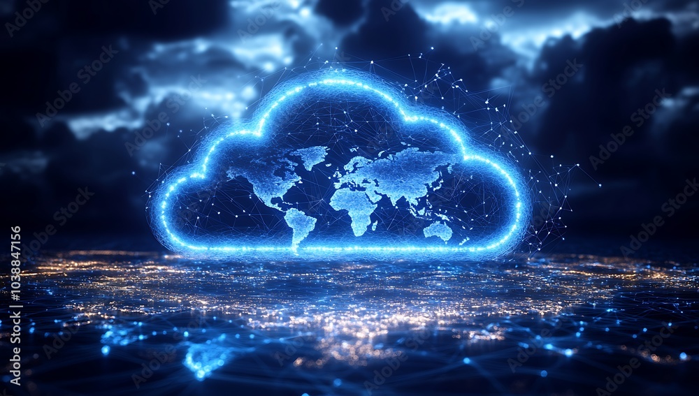 Obraz premium Futuristic Cloud Computing Network Servers. Digital illustration of cloud computing infrastructure with vibrant blue neon lights and futuristic data servers.