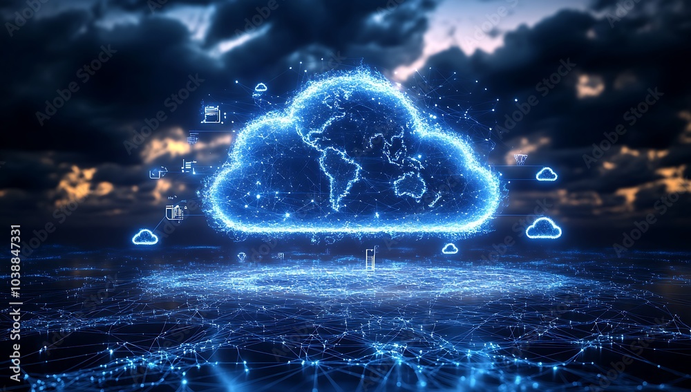 Obraz premium Futuristic Cloud Computing Network Servers. Digital illustration of cloud computing infrastructure with vibrant blue neon lights and futuristic data servers.