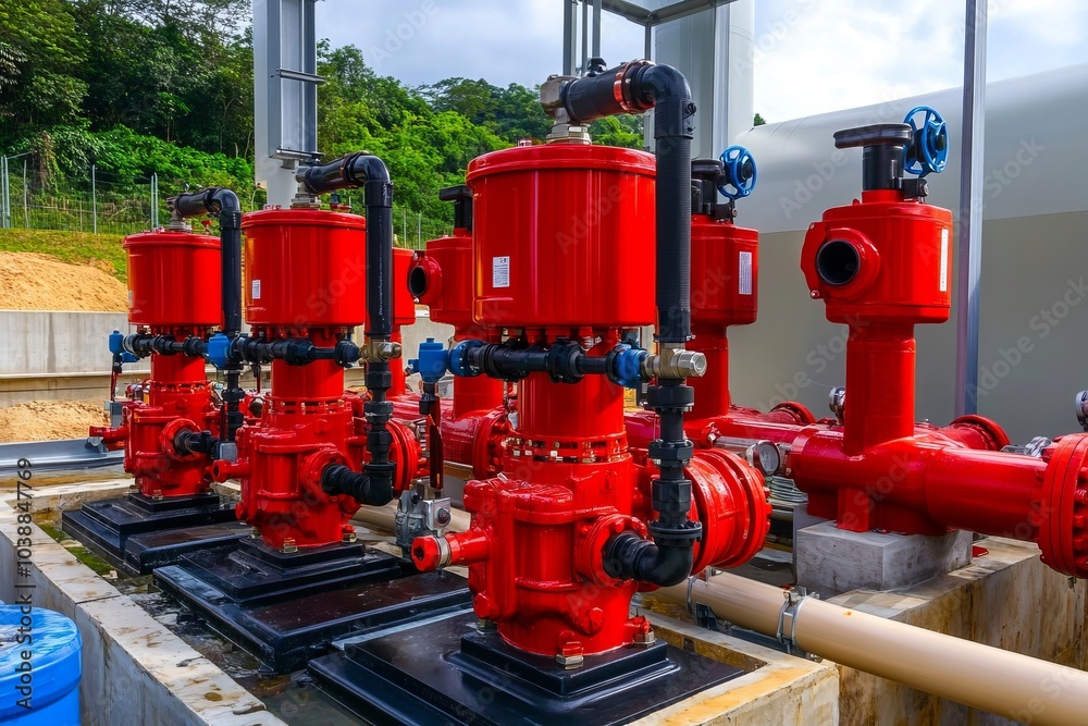 Red water pipes, valves and pumps in a industrial environment Red water pipes, valves and pumps in a industrial environment