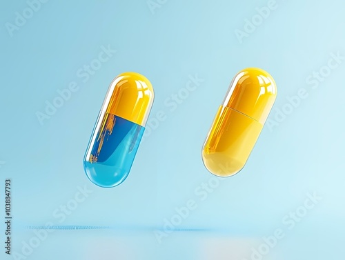 Two yellow and blue capsules floating against a light blue background.