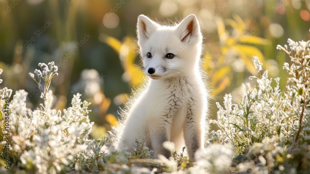 Fototapeta premium A cute arctic fox cub sitting among flowers in a sunlit field.