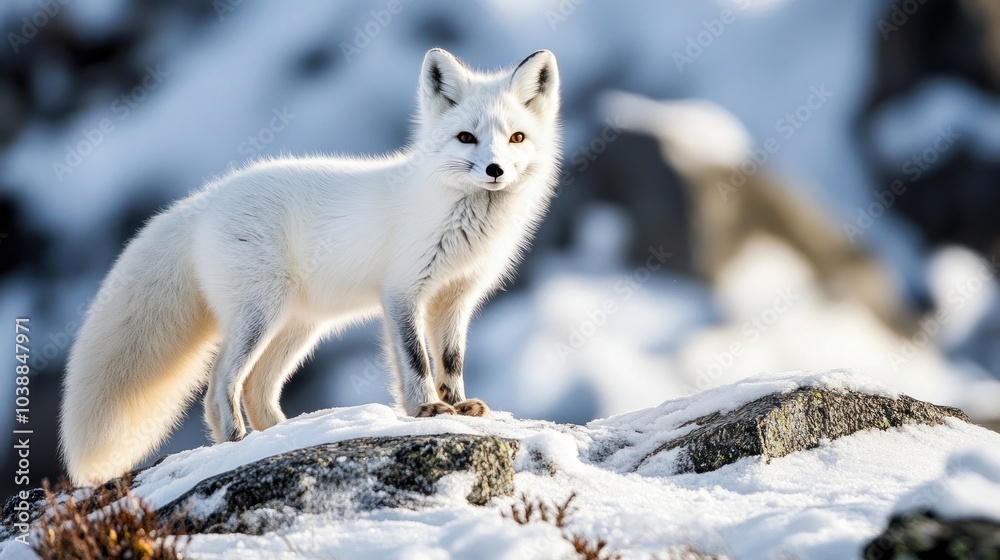 A white fox standing on a rocky surface in a snowy landscape. A white fox standing on a rocky surface in a snowy landscape.