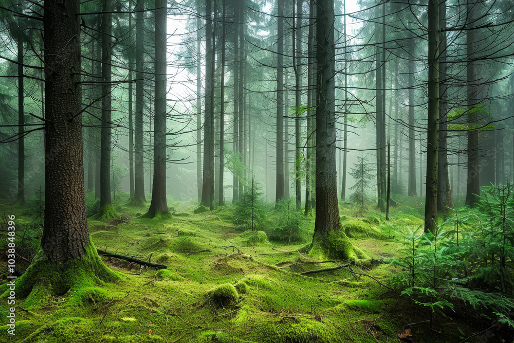 Fototapeta premium A forest with a lot of trees and a lot of moss