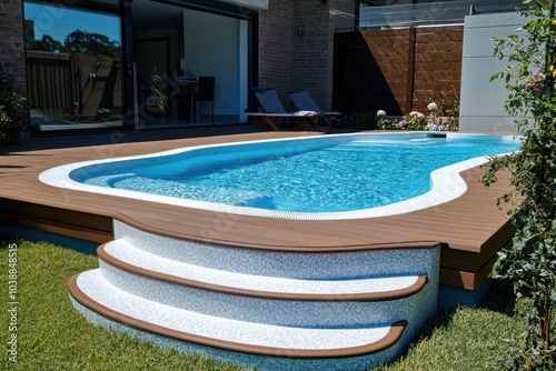 Contemporary fiberglass pool entry step featuring clear blue water on a sunny summer day at a hotel spa Teak or larch deck photo