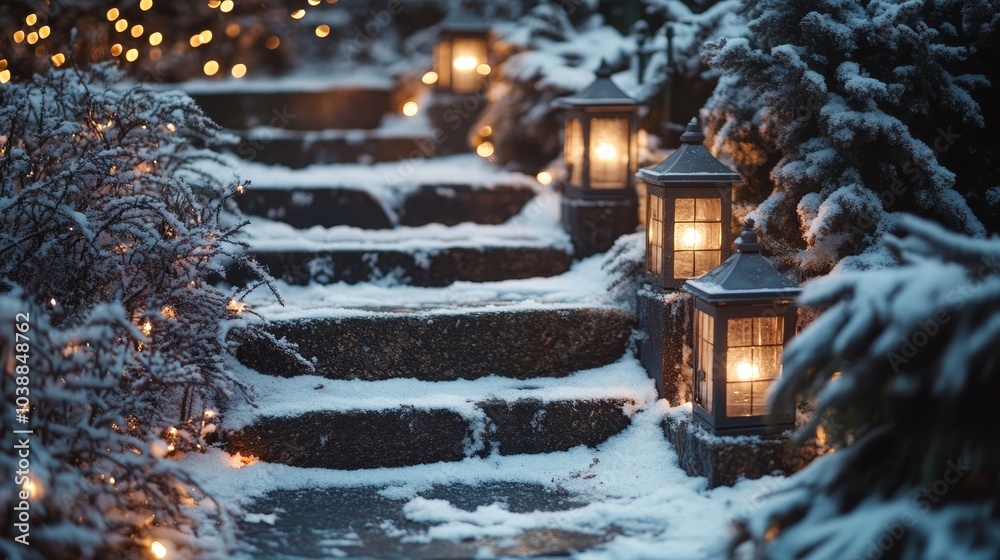 Fototapeta premium Winter stone steps winter snowy park backyard garden composition background