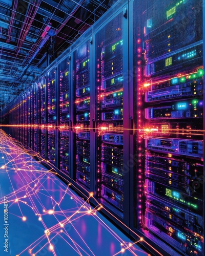 Futuristic Data Center with Glowing Servers and Fiber Optic Cables, Advanced Technology, Network Infrastructure, High-Tech Communication System, Digital Connectivity