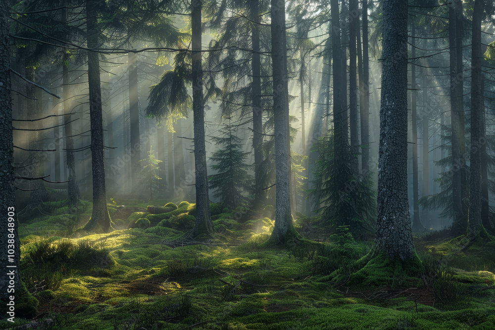 Fototapeta premium A forest with sunlight shining through the trees