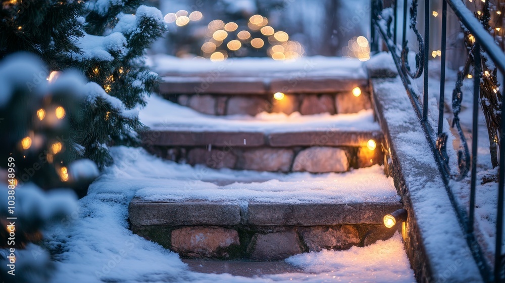 Fototapeta premium Winter stone steps winter snowy park backyard garden composition background