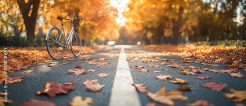 A serene autumn scene featuring a bicycle on a leaf-covered road.