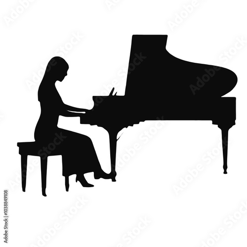 A silhouette of a woman sitting at a grand piano, playing the instrument