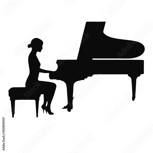 A silhouette of a woman sitting at a grand piano, playing the instrument