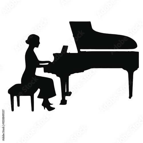 A silhouette of a woman sitting at a grand piano, playing the instrument