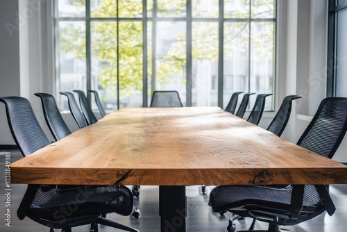 Contemporary meeting space featuring a spacious wooden table and multiple black chairs filled with natural light from large windows