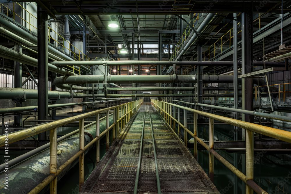 A long, narrow walkway with yellow metal railings A long, narrow walkway with yellow metal railings