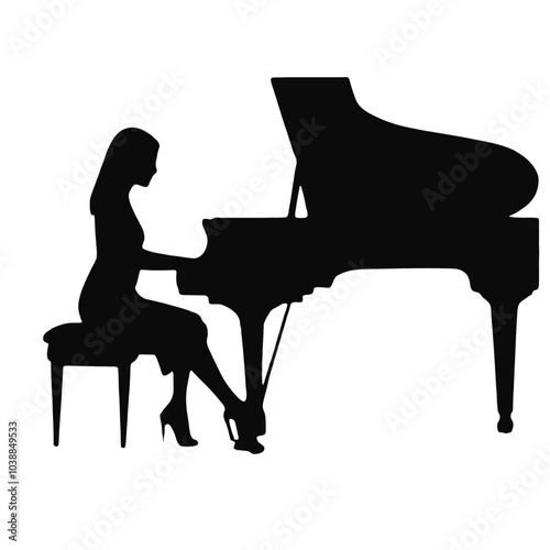A silhouette of a woman sitting at a grand piano, playing the instrument