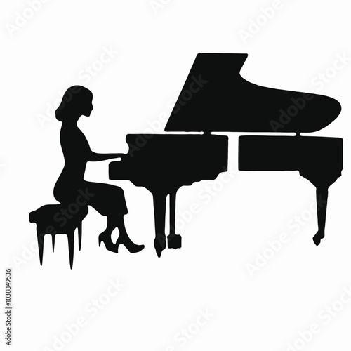 A silhouette of a woman sitting at a grand piano, playing the instrument