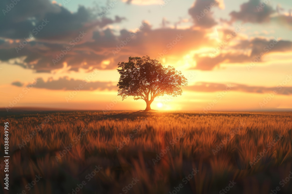 A tree stands in a field of tall grass, with the sun setting in the background A tree stands in a field of tall grass, with the sun setting in the background