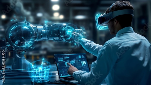A Man in a VR Headset Interacting with a Futuristic Robot Arm, VR, Robotics, Industry 4.0