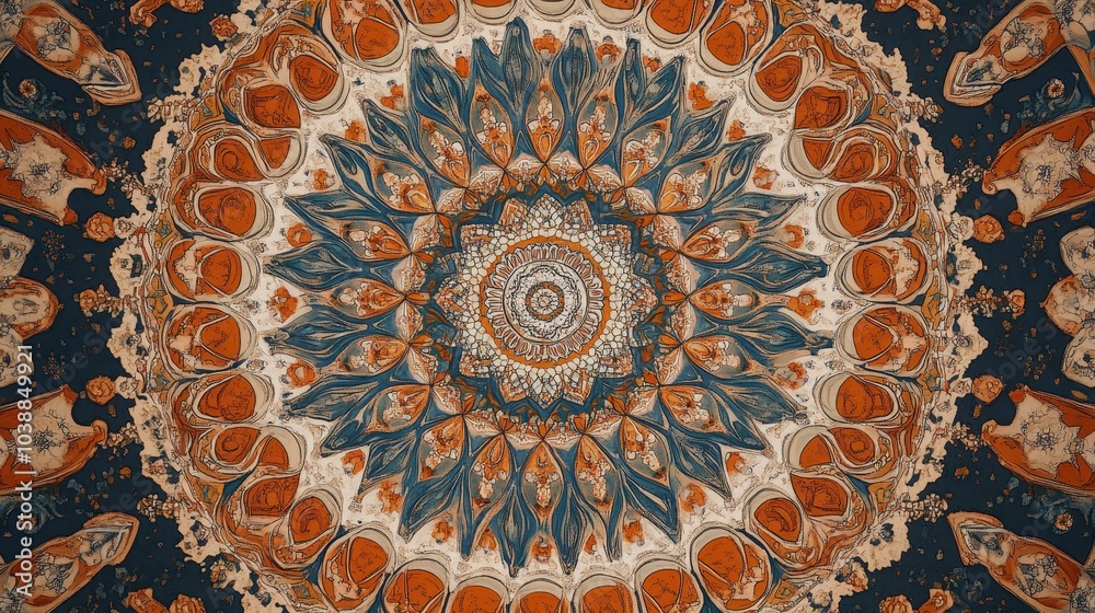 Abstract Kaleidoscope Mandala in Orange, Blue and White with a Centered Design, Mandala, Fractal, Symmetry Abstract Kaleidoscope Mandala in Orange, Blue and White with a Centered Design, Mandala, Fractal, Symmetry