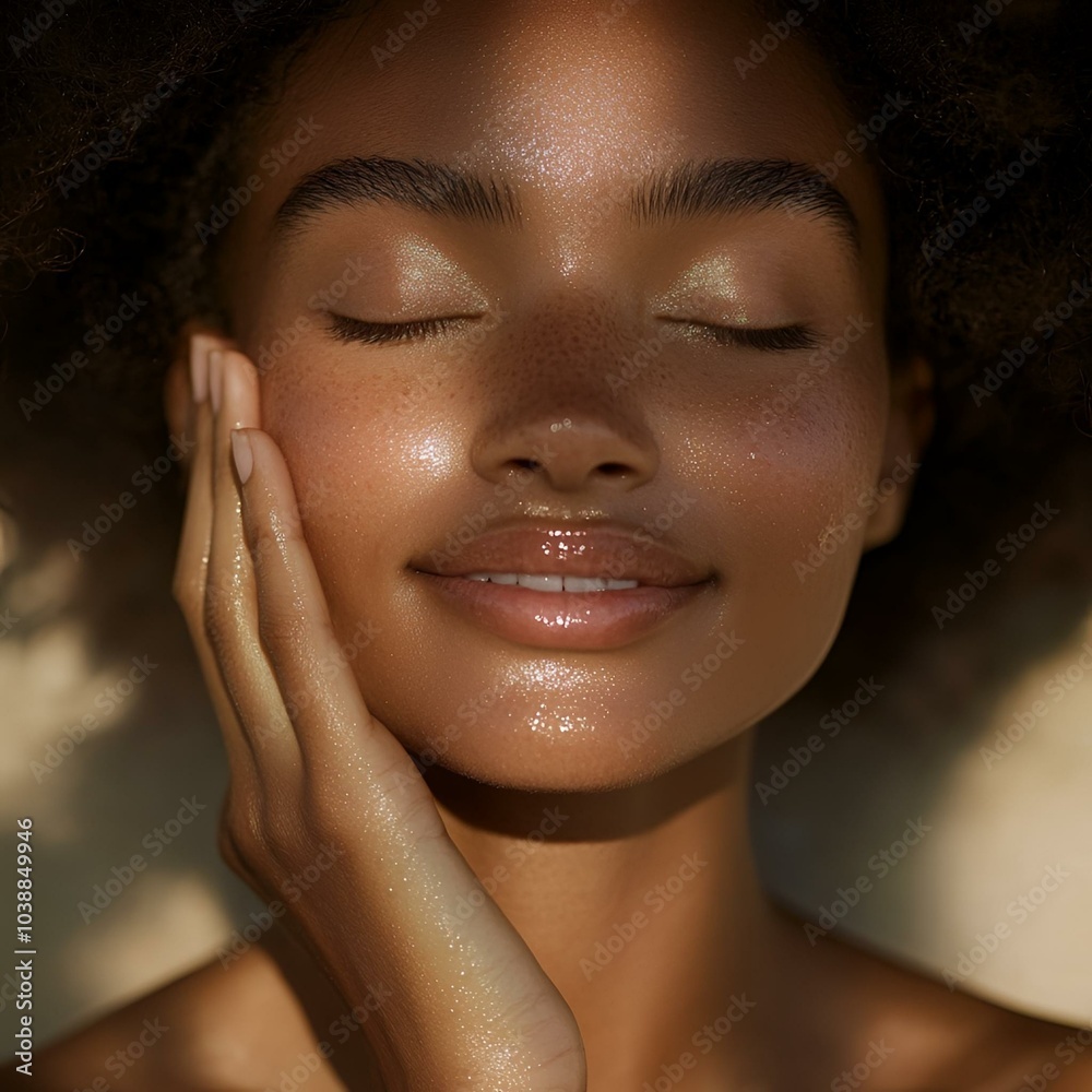 Radiant woman smiling with glowing skin in natural light. Radiant woman smiling with glowing skin in natural light.
