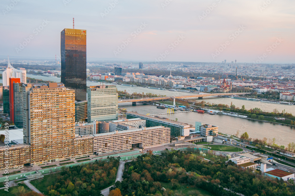 stunning aerial perspective of Vienna with the Danube River winding through the city, Austria