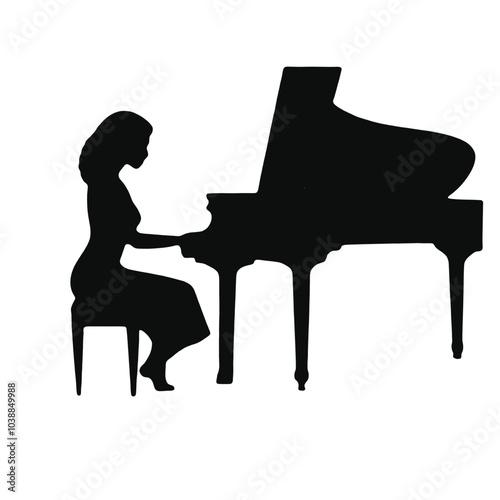 A silhouette of a woman sitting at a grand piano, playing the instrument