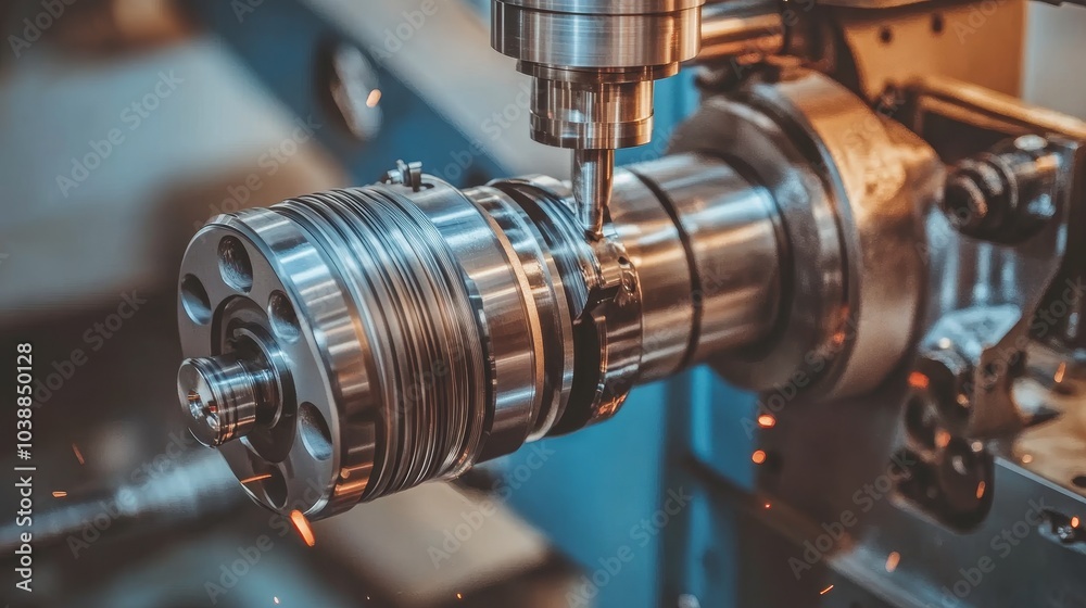 Close-up of CNC Machine Cutting Metal with Sparks Flying, Industrial Machinery, Manufacturing, Precision, Automation, Metalworking, Machining Close-up of CNC Machine Cutting Metal with Sparks Flying, Industrial Machinery, Manufacturing, Precision, Automation, Metalworking, Machining