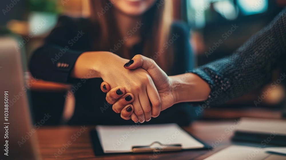 Close-up of Two Women Shaking Hands, One in a Black Blouse and the Other in a Sparkly Black Top, Handshake, Deal, Agreement Close-up of Two Women Shaking Hands, One in a Black Blouse and the Other in a Sparkly Black Top, Handshake, Deal, Agreement
