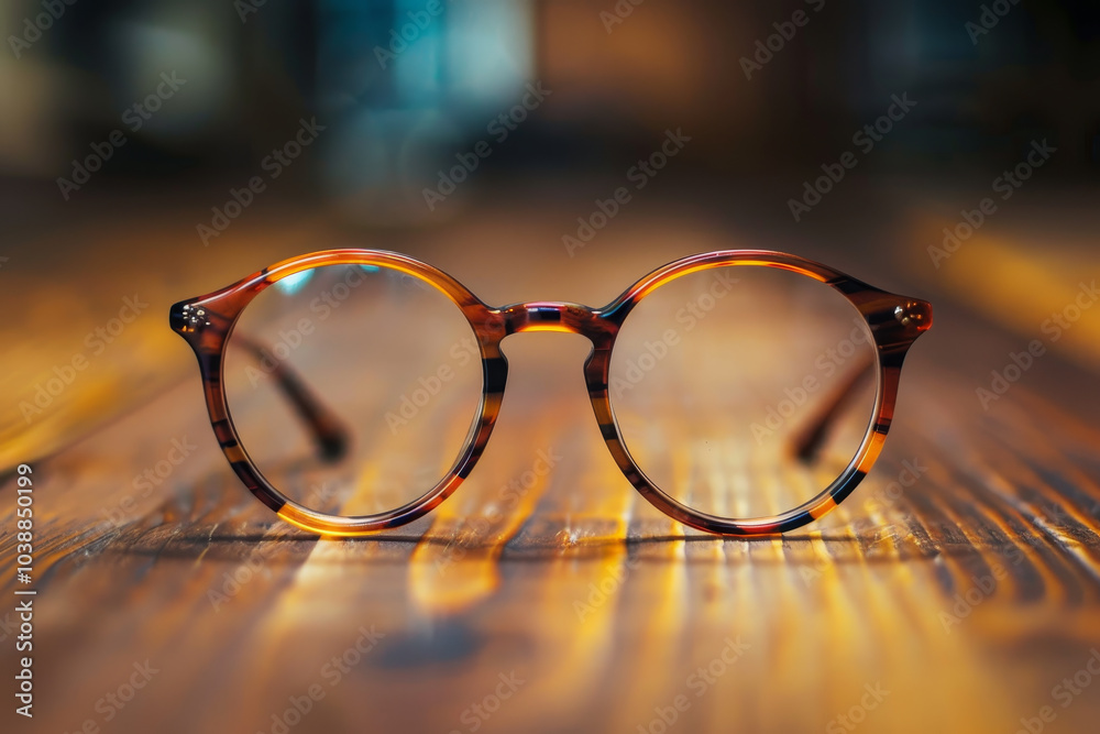 A pair of glasses with a brown frame and a brown and black band A pair of glasses with a brown frame and a brown and black band